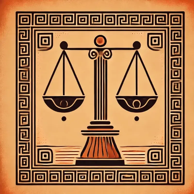 Antik keramikillustration af vægt i balance som symbol på stoiske citater om retfærdighed, moral og ligevægt.