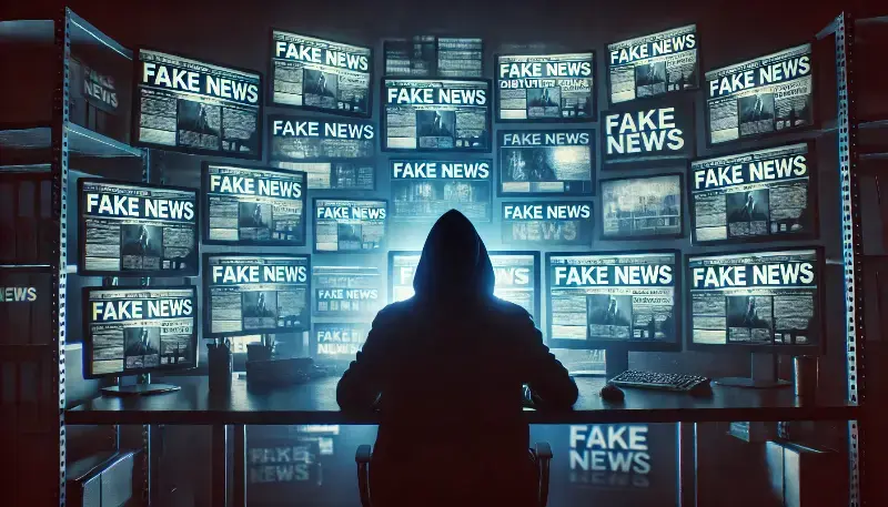 Silhuet af person foran væg fyldt med skærme, hvor der står “Fake News” – visuelt udtryk for misinformation, manipulation og informationskaos.