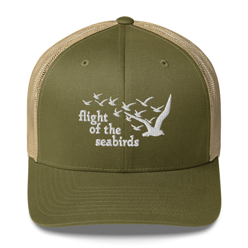 Moss and Khaki trucker cap with Flight of the Seabirds lettering and birds