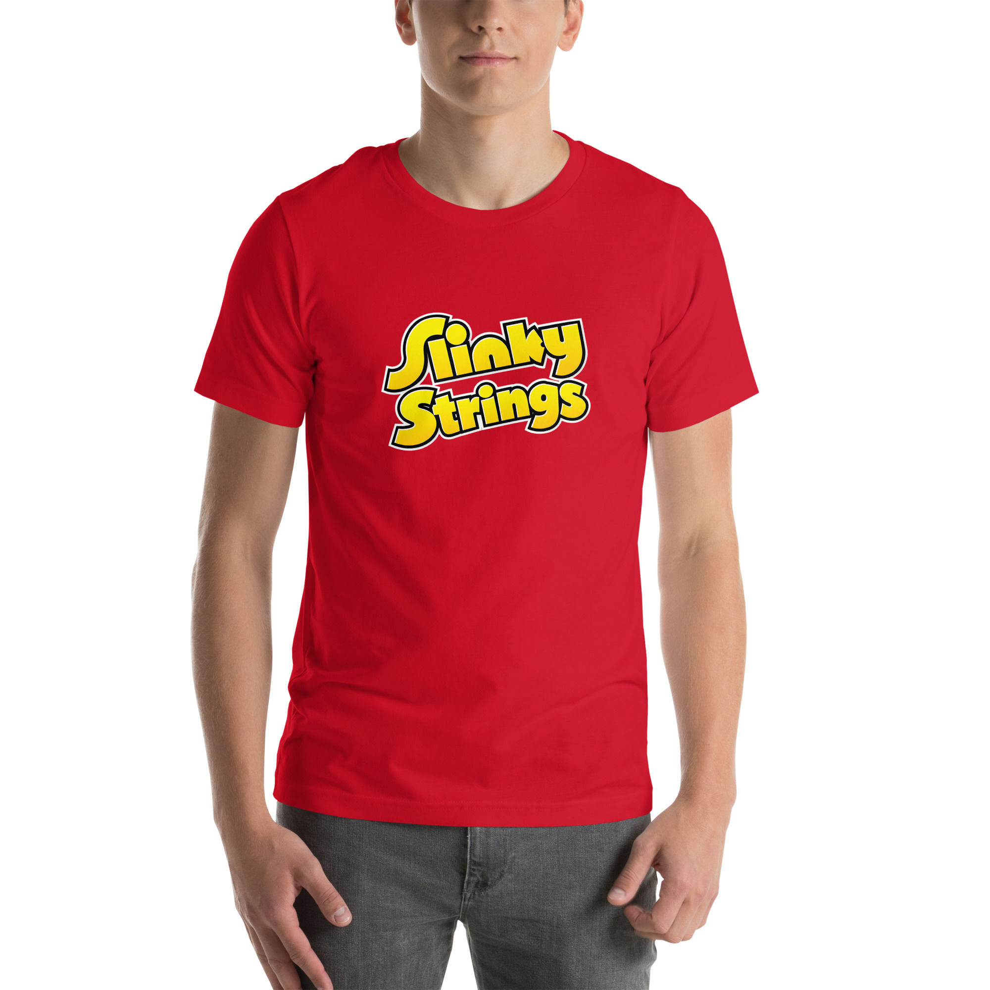 Model wearing a Red Slinky Strings T-shirt, front view with yellow retro wordmark