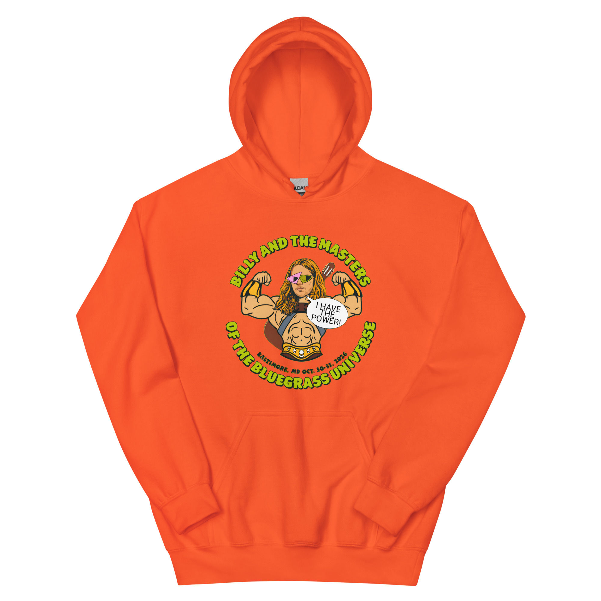 Orange Masters of the Bluegrass Universe hoodie with illustrated cartoon graphic, front view
