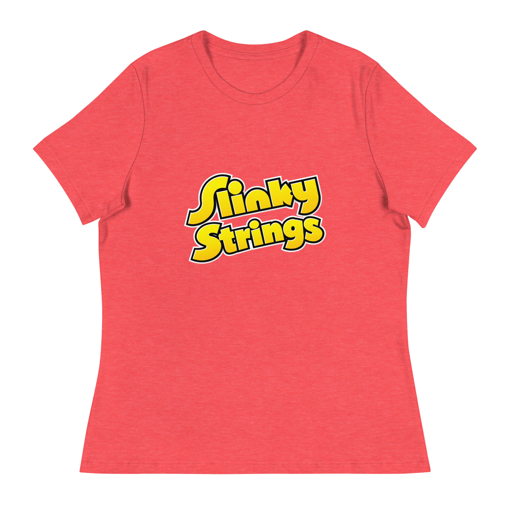 Heather Red women's crew-neck T-shirt, front view with yellow Slinky Strings wordmark outlined in black and white
