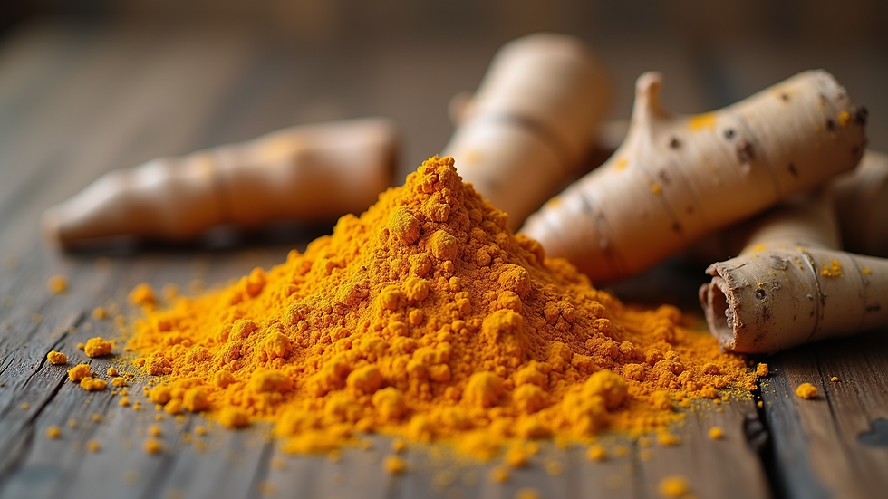 Eye-level view of turmeric powder and fresh turmeric roots on a wooden surface