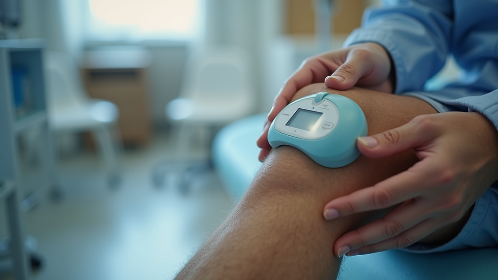 Close-up view of a medical device applying SoftWave Therapy to a knee