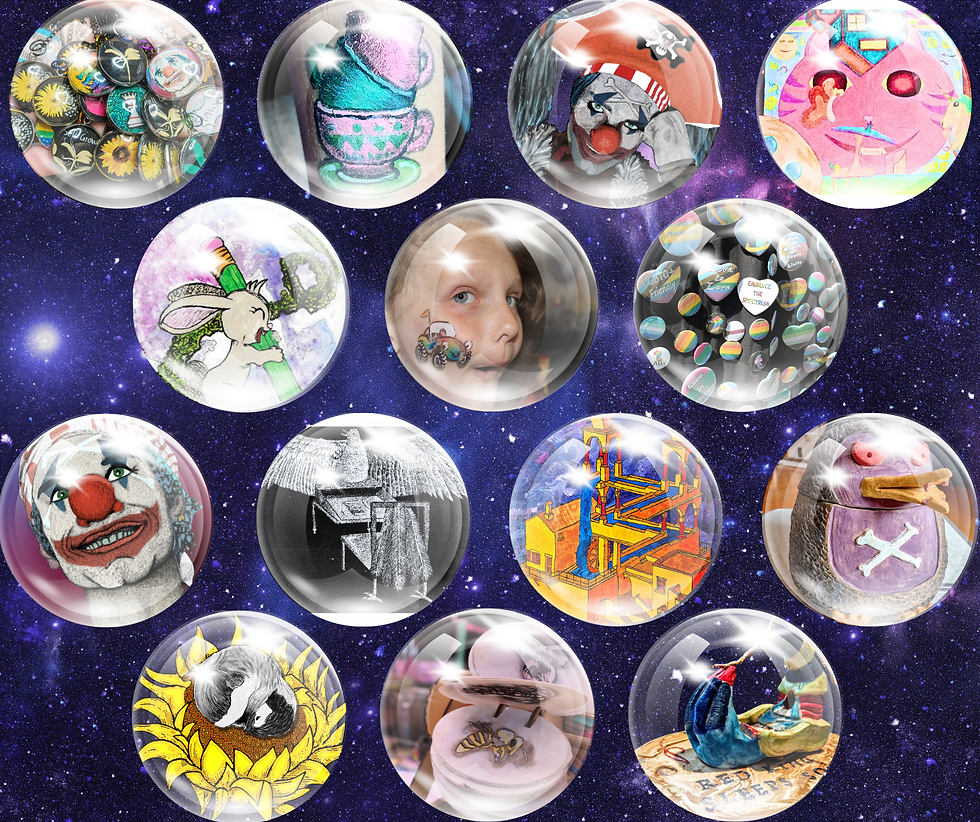 Whimsical collage of floating bubbles in space, each containing a different art medium by Alphanie Artistry—face paint, buttons, stickers, knitting, illustrations, and clay creations—symbolizing the many canvases of one artist.