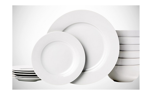 Basics white dinnerware set with plates and bowls stacked neatly, service for 6