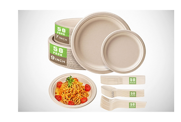 Gezond 250-piece disposable paper plate and utensil set with biodegradable plates, forks, knives, and spoons—ideal for parties, camping, or events.