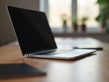 Modern laptop displayed open on a wooden desk with a blurred workspace background, representing productivity, teaching, and everyday laptop use.