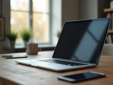 Eye-level view of a sleek laptop with touchscreen display on a wooden desk