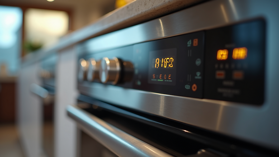 Close-up view of a smart oven with digital display and control panel