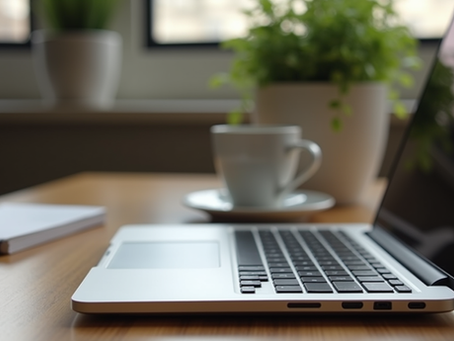 Eye-level view of a laptop on a wooden desk with a cup of coffee