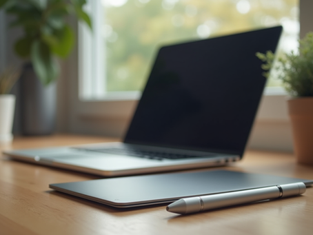 Eye-level view of a slim laptop on a wooden desk