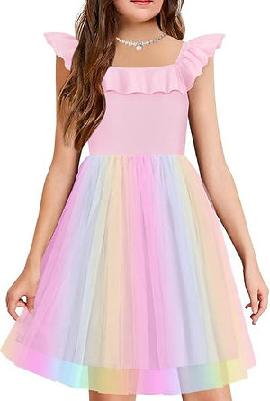 Girl's sleeveless dress with a pink ruffled top and rainbow pastel tulle skirt, perfect for parties or special occasions.