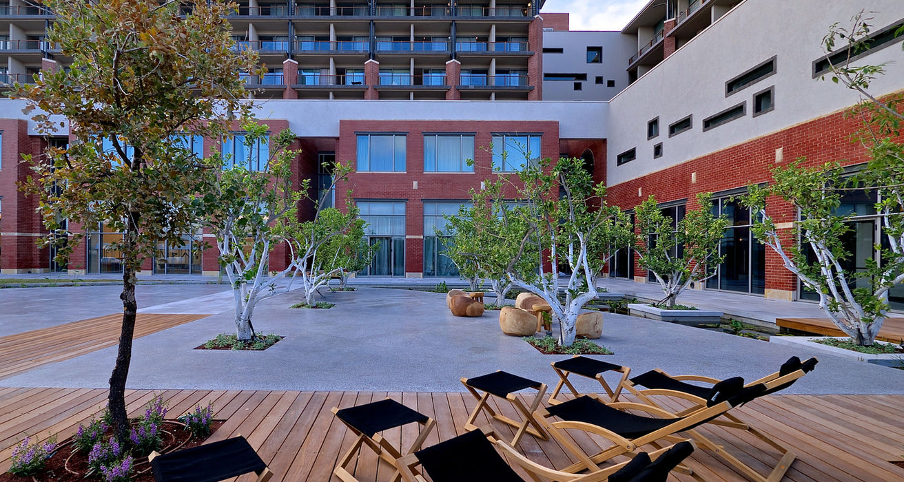 Hotel courtyard with lounge chairs and trees