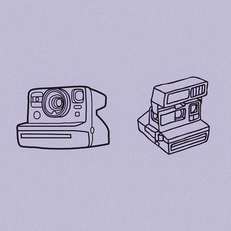 Four black line drawings of instant cameras on a pale purple background, arranged in a row with a clean, minimalist look.