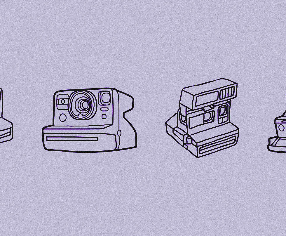 Four black line drawings of instant cameras on a pale purple background, arranged in a row with a clean, minimalist look.