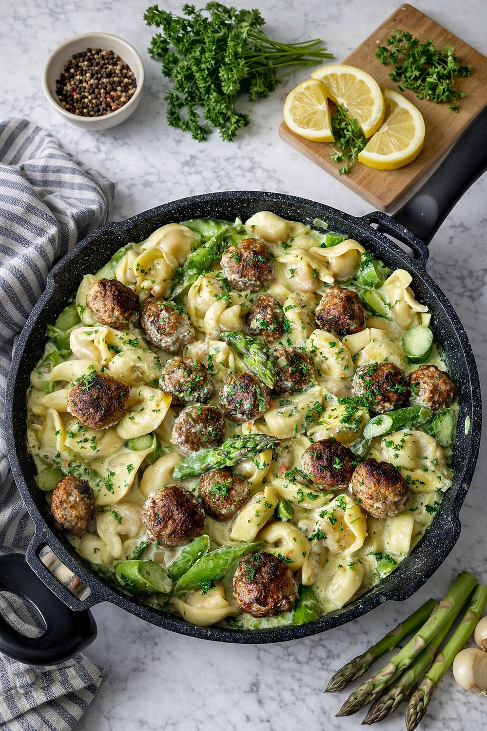 Spargel in Schmandsoße mit Hackbällchen