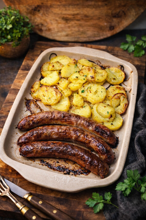 Bratwurst mit Bratkartoffel und Röstzwiebel aus dem Ofen