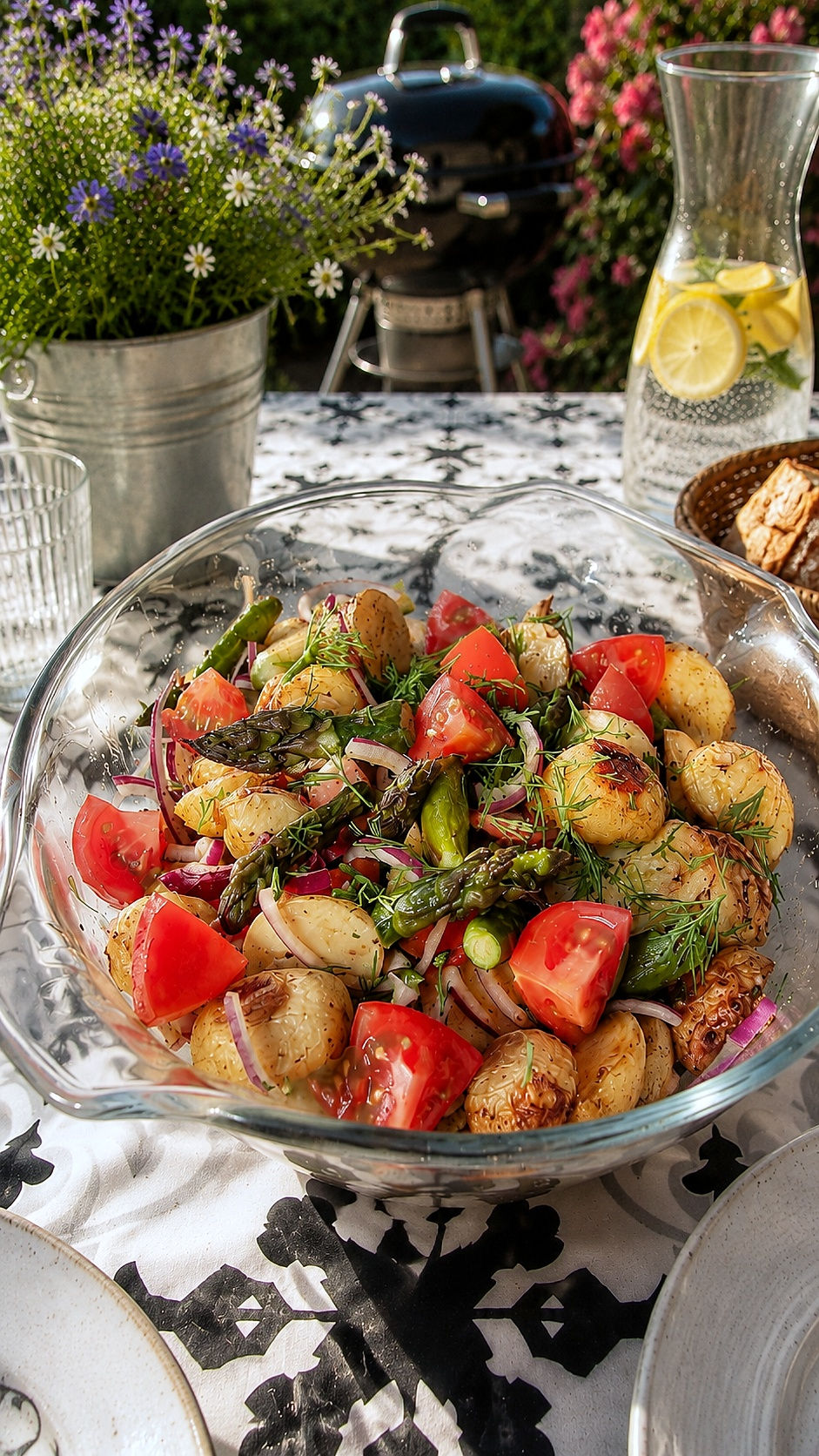 Vegetarischer Ofenkartoffelsalat mit Spargel und Tomaten – der perfekte Sommersalat zum Grillen