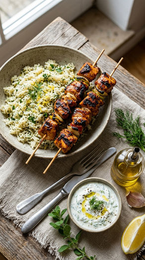 Mediterrane Hähnchen-Spieße mit Zitronenreis & Tzatziki – Sommerliches Grillrezept wie im Urlaub