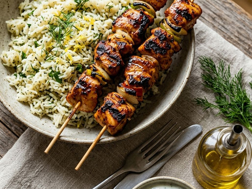 Mediterrane Hähnchen-Spieße mit Zitronenreis & Tzatziki – Sommerliches Grillrezept wie im Urlaub