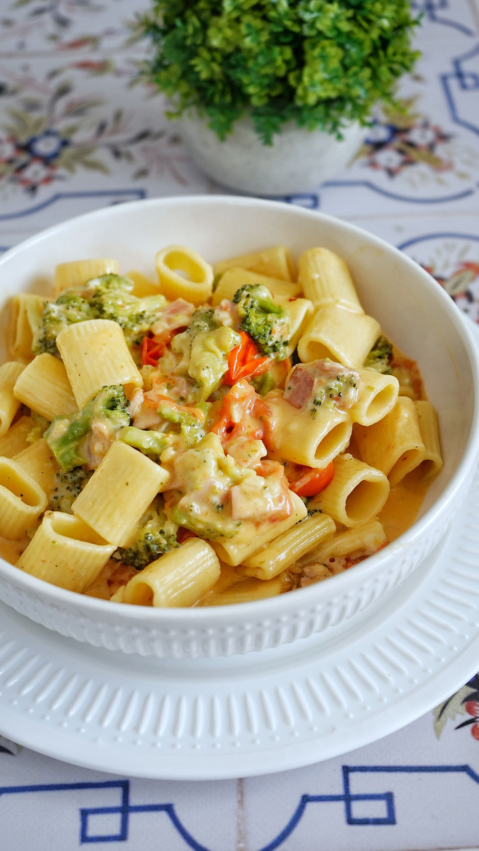 High angle view of creamy pasta with broccoli and ham