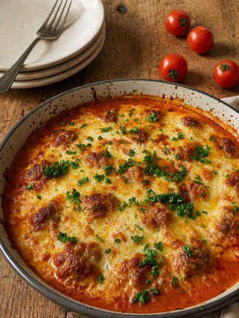 Überbackene Orzo-Nudeln mit Hackbällchen aus der runden Ofenhexe