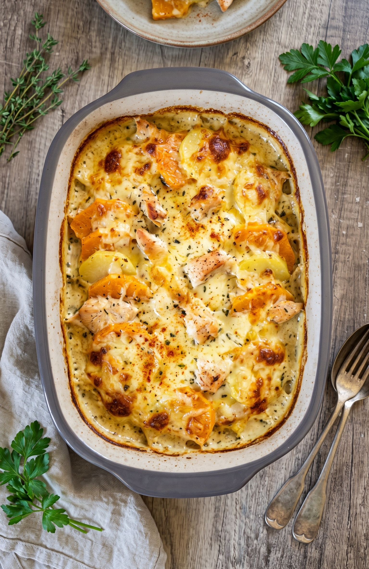 Butternut-Kartoffel-Gratin mit Hähnchen und Kräuterrahm