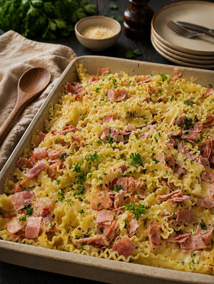 Feierabendblech mit Pasta in Schinken-Sahne-Soße – cremig und einfach aus dem Ofen