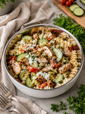 Gyros-Pasta-Salat mit Hähnchen und cremigem Tzatziki-Dressing