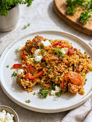Feierabendblech mit Tomatenreis und Hähnchen aus dem Ofen, serviert mit Feta und frischer Petersilie auf einem Blech