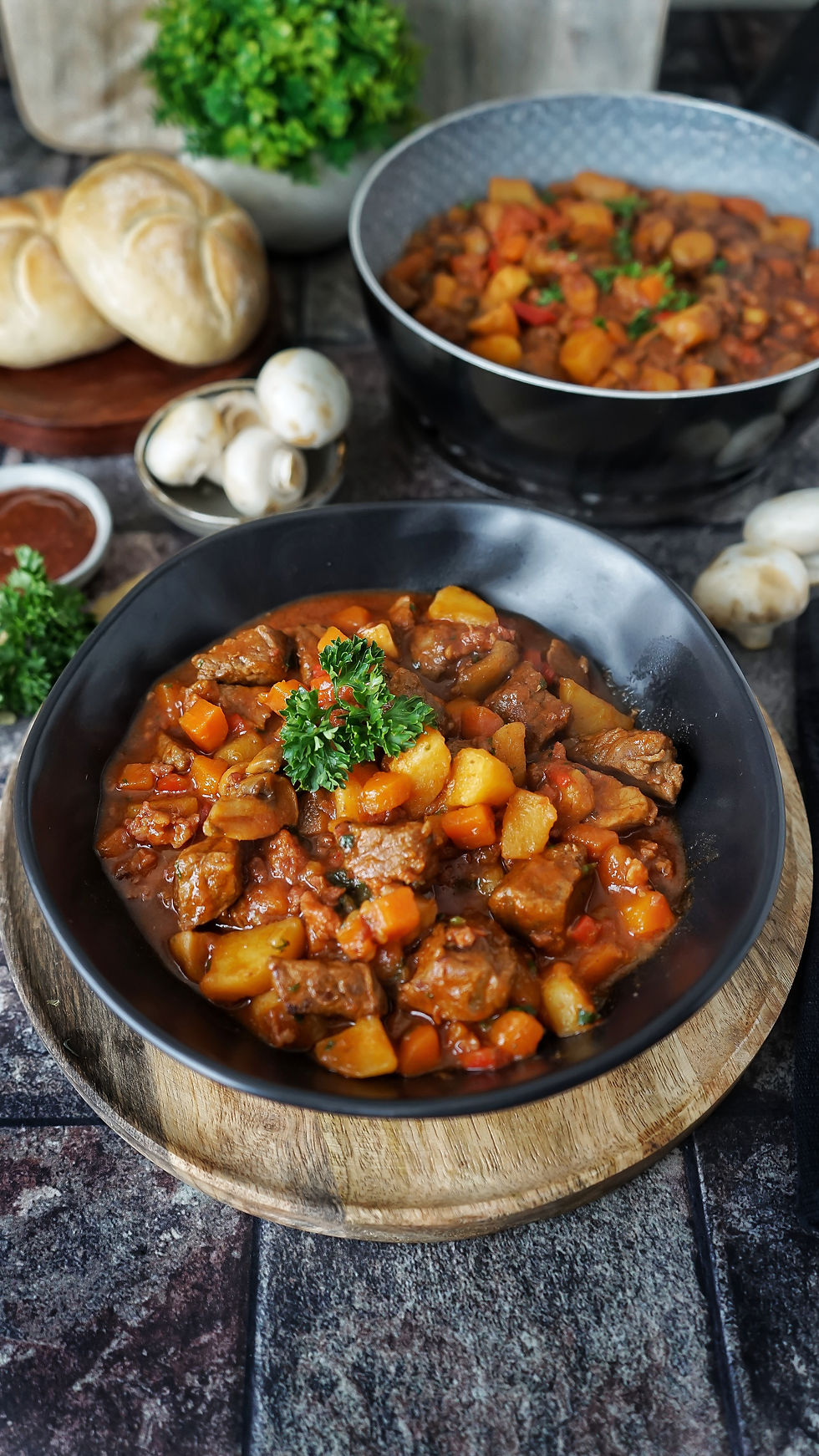 High angle view of a bowl of barbecue stew garnished with parsley