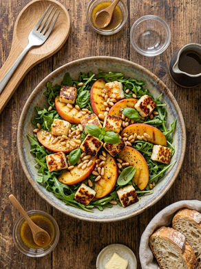 Pfirsich-Halloumi-Salat mit gerösteten Pinienkernen – der perfekte Sommersalat in 20 Minuten