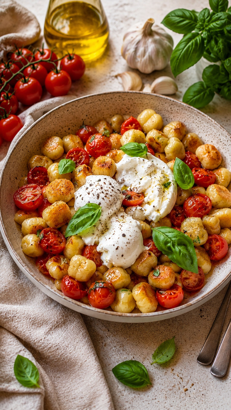 Knusprige Ofen-Gnocchi mit Cherrytomaten und Burrata