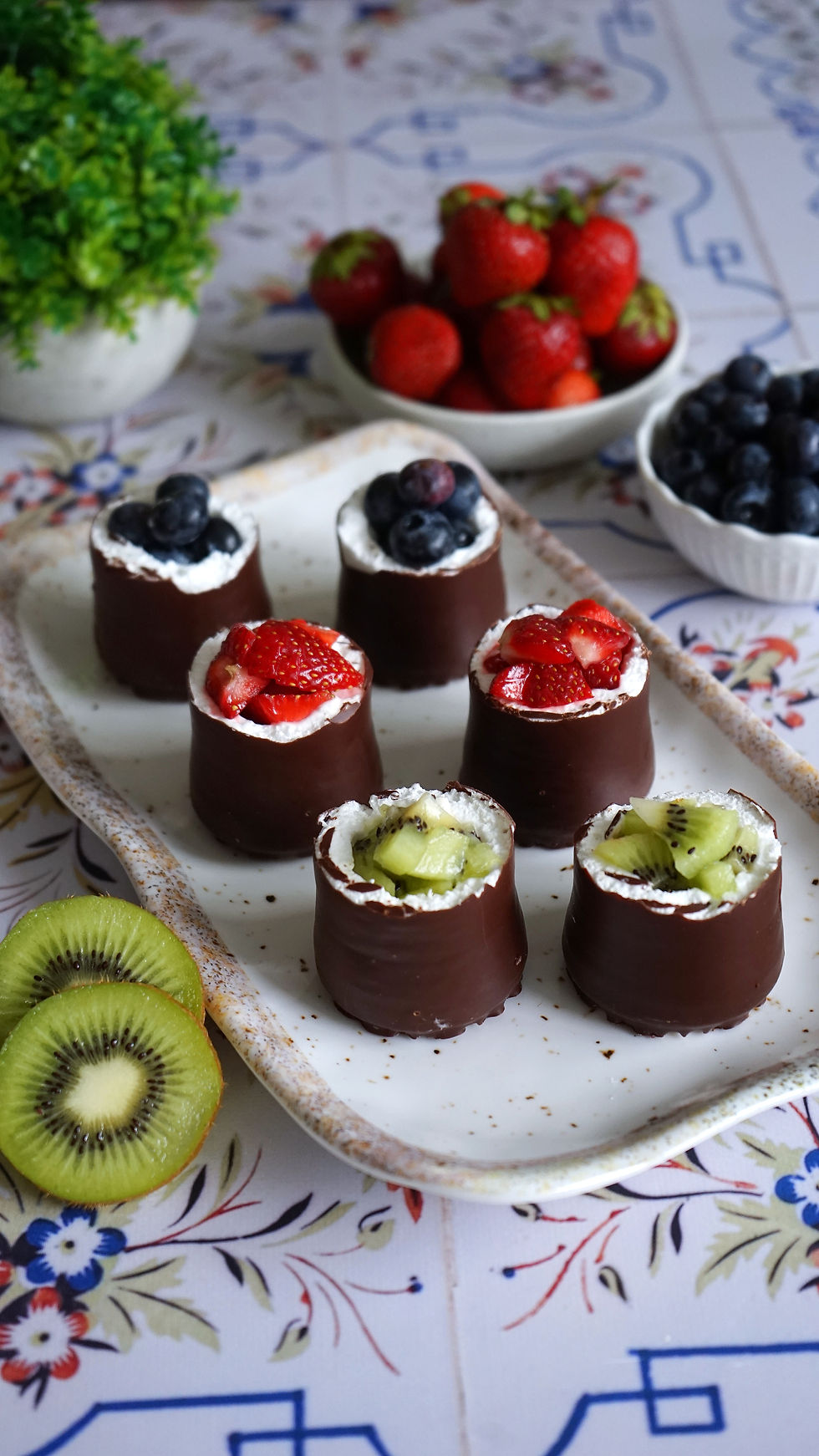 Close-up view of chocolate kisses with fruit