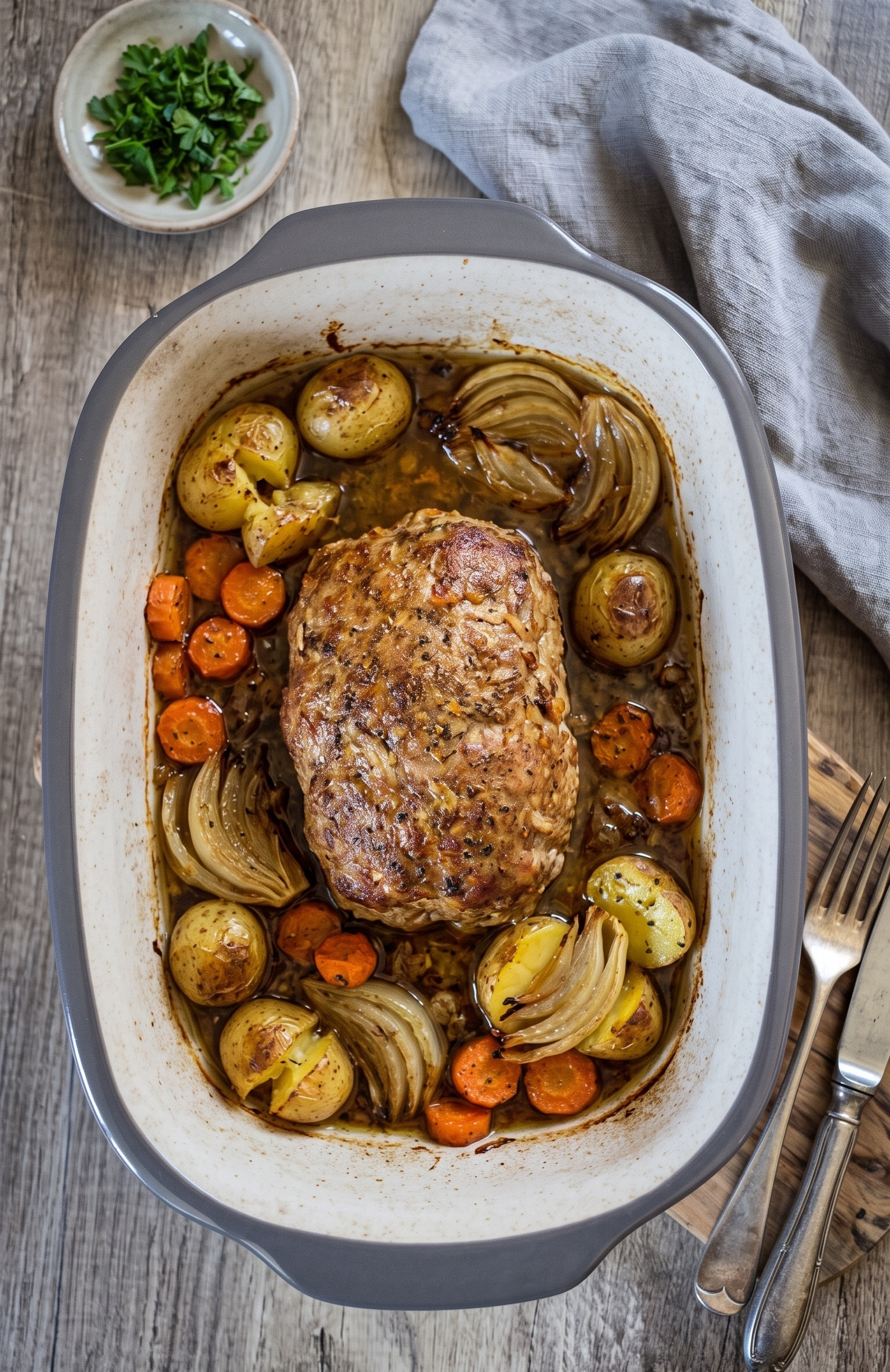 Zwiebel-Hackbraten mit Kartoffeln aus dem Ofen