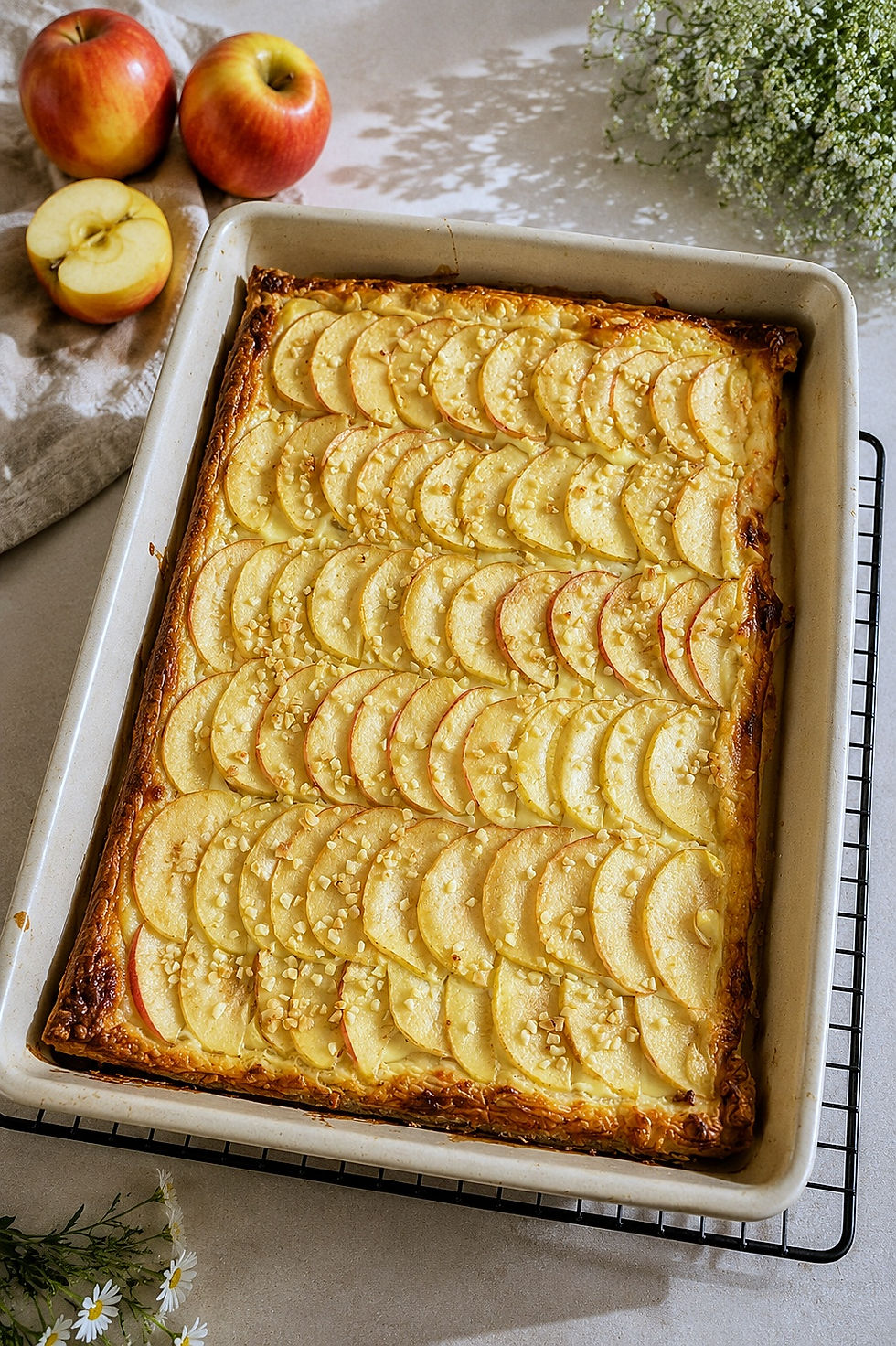 Schneller Apfelkuchen mit Quarkfüllung und Blätterteig auf dem Ofenzauberer, belegt mit frischen Apfelscheiben und leicht mit Puderzucker bestäubt.