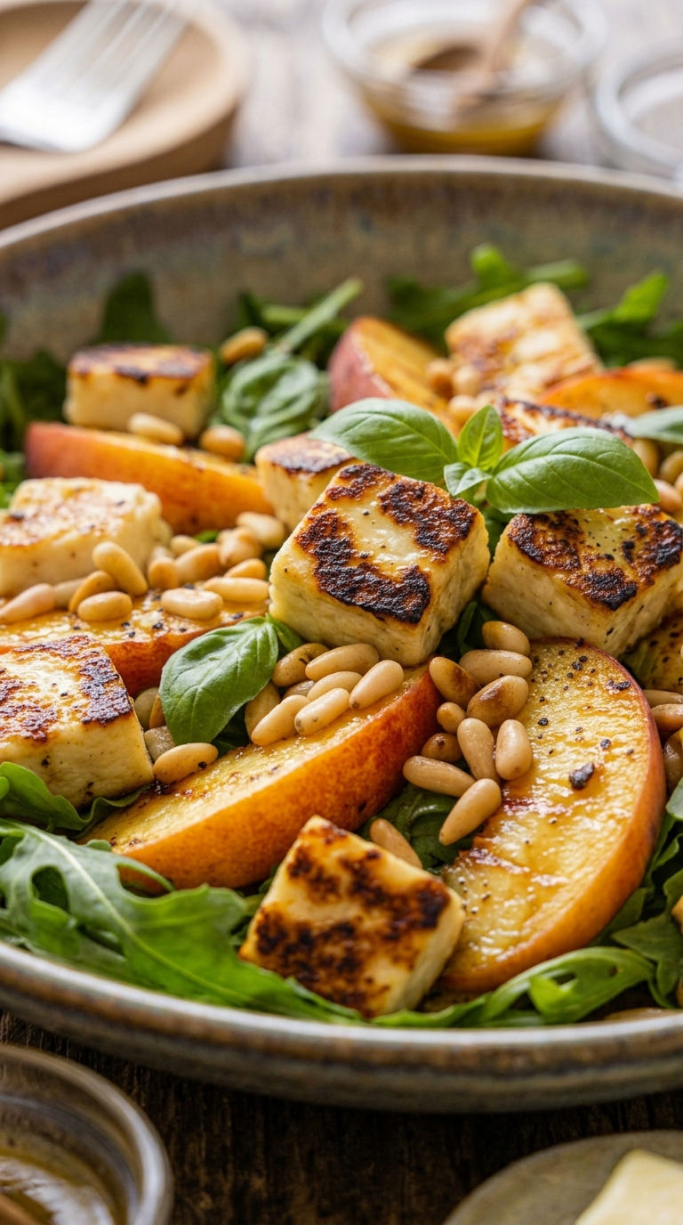 Pfirsich-Halloumi-Salat mit gerösteten Pinienkernen