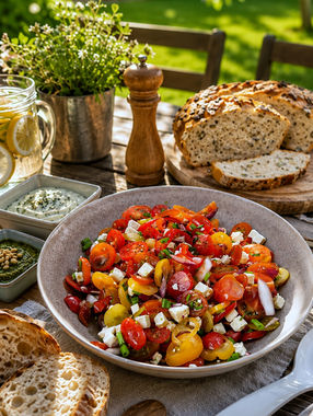 Bunter sommerlicher Tomatensalat mit roten, gelben und grünen Cherrytomaten, Feta, roten Zwiebeln und frischem Schnittlauch in einem würzigen Balsamico-Senf-Dressing – perfekte Grillbeilage für den Sommer. Auszug: