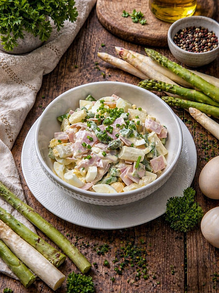 Spargel-Eiersalat mit Schinken und cremigem Dressing aus Mayonnaise und Joghurt, garniert mit frischen Kräutern, serviert in einer Schüssel – idealer einfacher Salat für die Spargelsaison