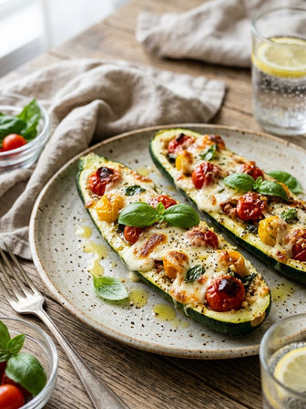 Gefüllte Zucchini-Boote mit Tomaten und Mozzarella – einfaches Sommerrezept aus dem Ofen