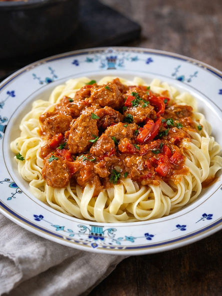 Gulasch aus dem Ofen ohne Anbraten mit Paprika und Zwiebeln in aromatischer Sauce