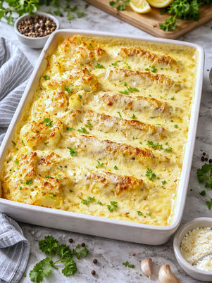 Schinkenspargelröllchen aus dem Ofen mit Kartoffeln, Sauce Hollandaise und überbackenem Käse, garniert mit frischen Kräutern