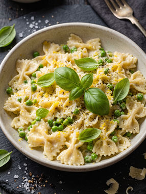 Cremige Sommerpasta mit Erbsen und Zitronenricotta auf einem Teller, garniert mit frischem Basilikum, geriebenem Parmesan und Zitronenabrieb – ein schnelles, vegetarisches Sommergericht.