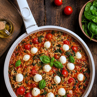 Reisnudelpfanne mit Tomaten, frischem Spinat und Mozzarella in einer Pfanne serviert. Das schnelle vegetarische Gericht überzeugt mit mediterranen Aromen und eignet sich perfekt als leichtes Sommeressen