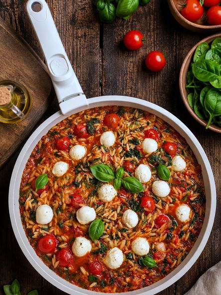Reisnudelpfanne mit Tomaten, frischem Spinat und Mozzarella in einer Pfanne serviert. Das schnelle vegetarische Gericht überzeugt mit mediterranen Aromen und eignet sich perfekt als leichtes Sommeressen