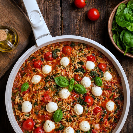 Reisnudelpfanne mit Tomaten, frischem Spinat und Mozzarella in einer Pfanne serviert. Das schnelle vegetarische Gericht überzeugt mit mediterranen Aromen und eignet sich perfekt als leichtes Sommeressen