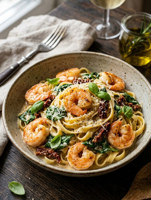 Cremige Garnelen-Pasta mit grünem Blattspinat und roten getrockneten Tomaten in einer hellen Parmesan-Sahnesauce, serviert in einem tiefen weißen Teller.
