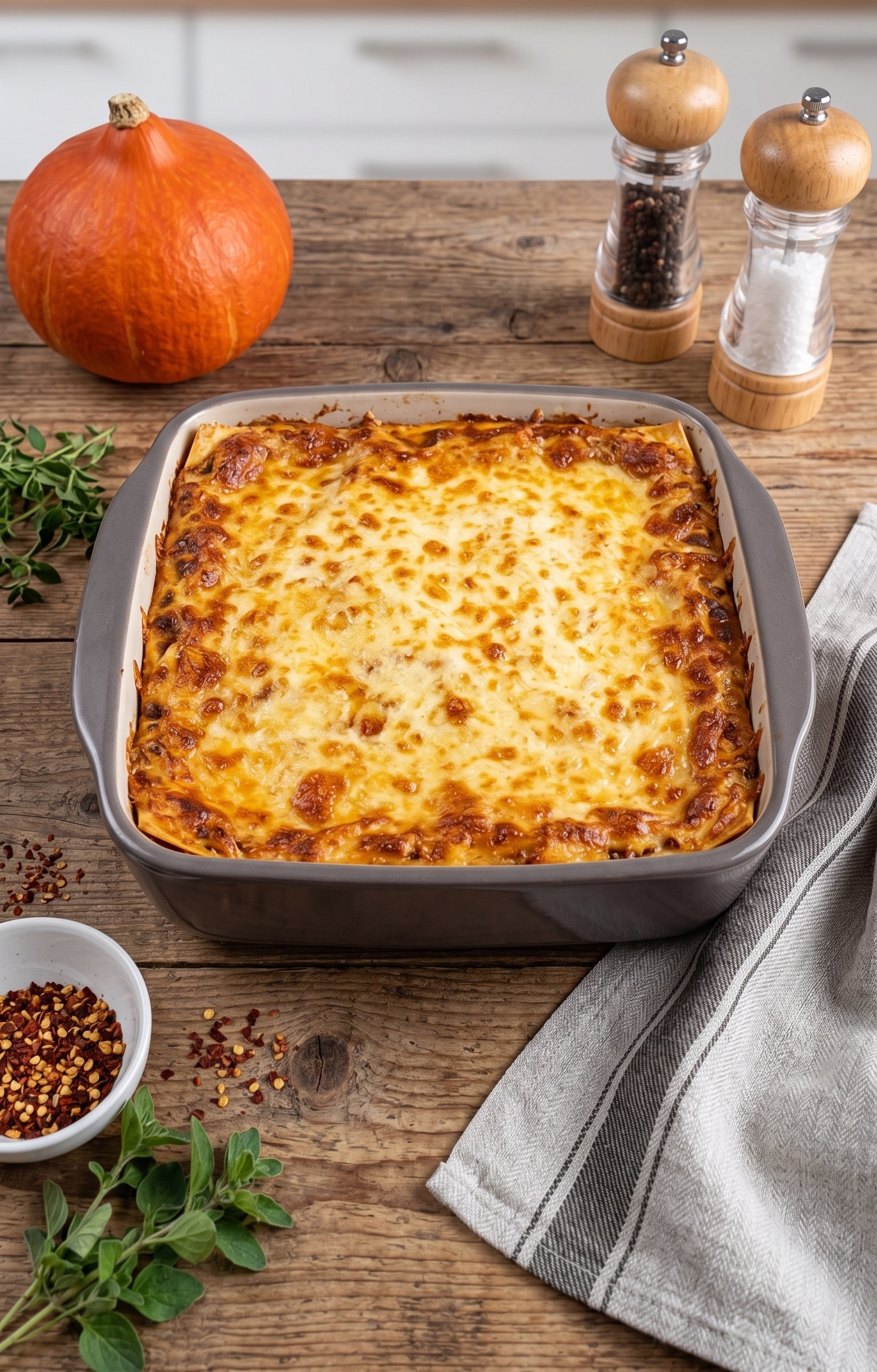Montag
Hokkaido-Hackfleisch-Lasagne mit Käsekruste