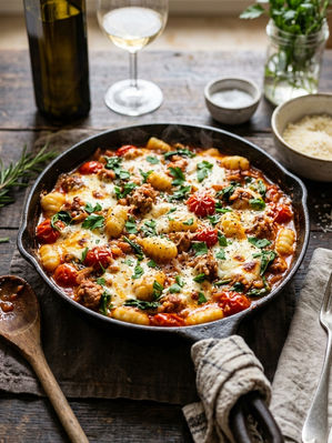 Cremige Gnocchi-Pfanne mit italienischer Salsiccia, Babyspinat, Cherrytomaten und geschmolzenem Mozzarella in einer Pfanne serviert und mit frischem Basilikum garniert.